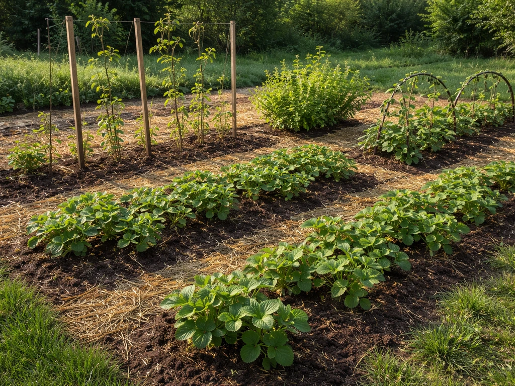 Early spring garden bed with strawberry crowns, raspberry canes, currant bush, and blackberry canes.