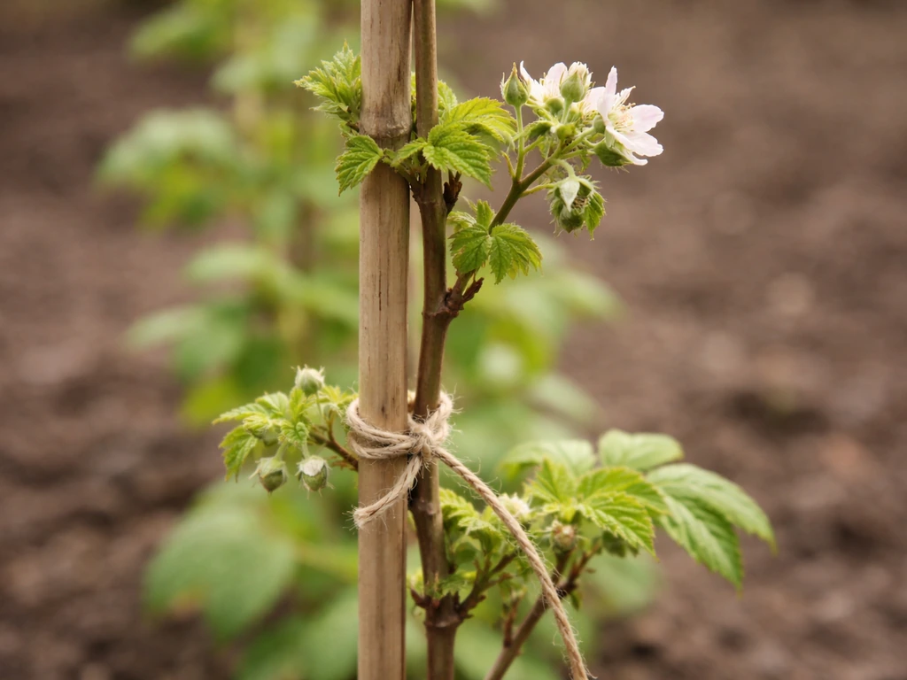 Raspberry second-year canes tied to a support with fresh spring buds and early blossoms.