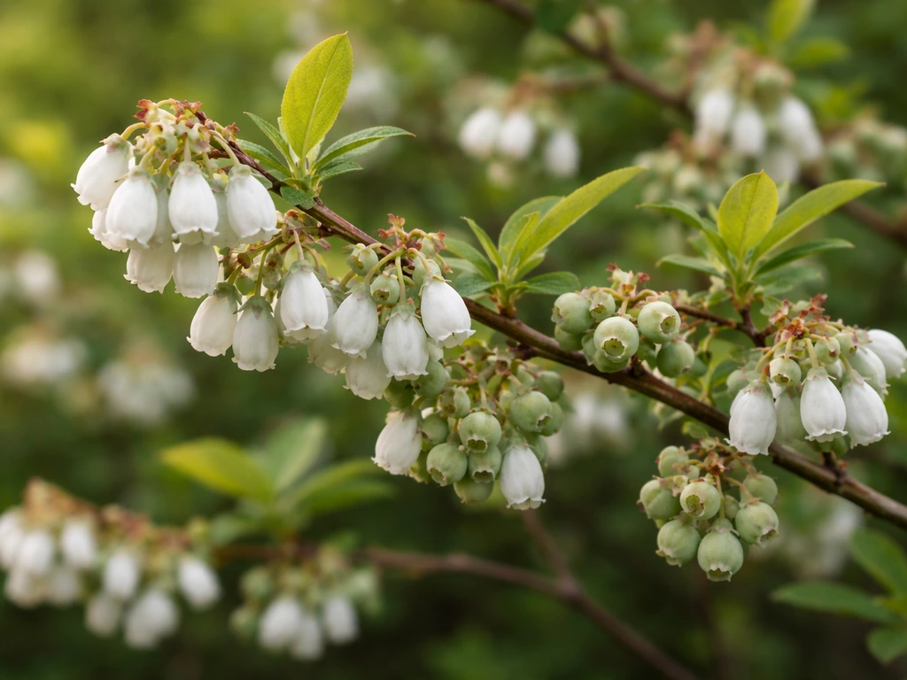 Blueberry bush with white blossoms and small just-forming green berries on the same branches.