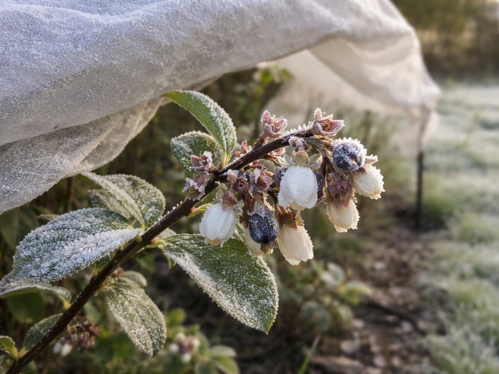 Close-up of berry blossoms damaged by frost, with nearby leaves and a light frost cloth over plants