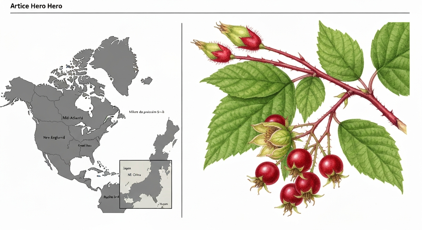 Map of wineberry native and naturalized range plus watercolor-style botanical illustration of wineberry branch with ripe red berries