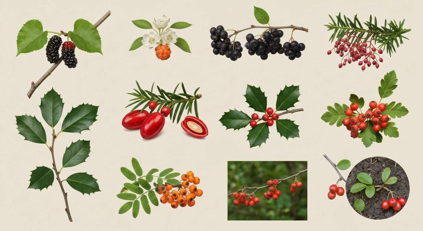 Botanical collage of tree-borne berries and branches — mulberry, serviceberry, elderberry, yew arils (one cut open), holly, hawthorn, rowan, cotoneaster/pyracantha, and dewberries — on a neutral background, for an identification and safety guide.