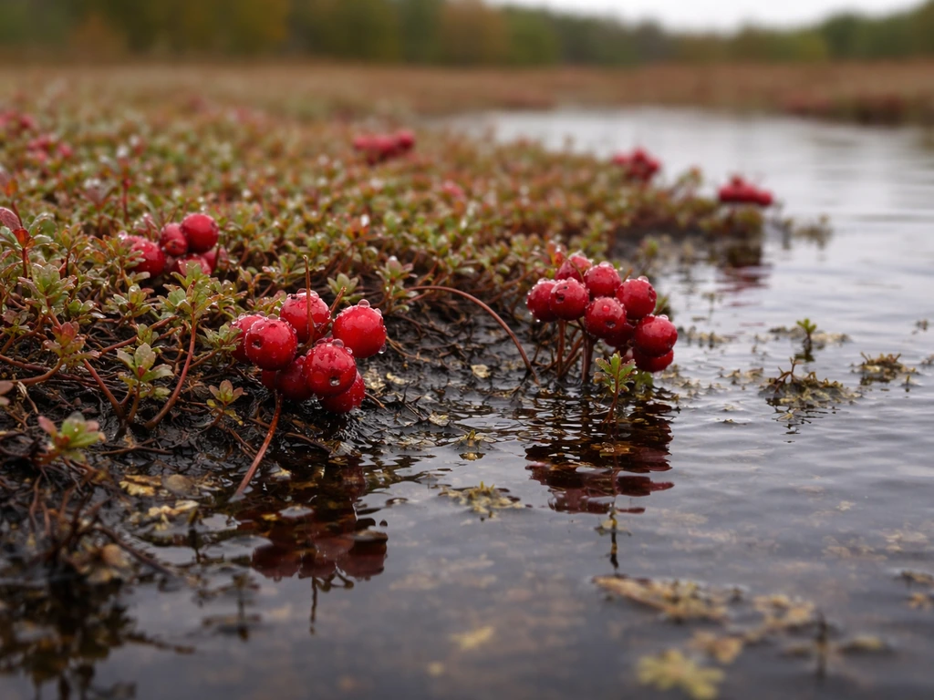 Vivid cranberry bog in Michigan with waterlogged acidic water and red cranberry clusters on vines.