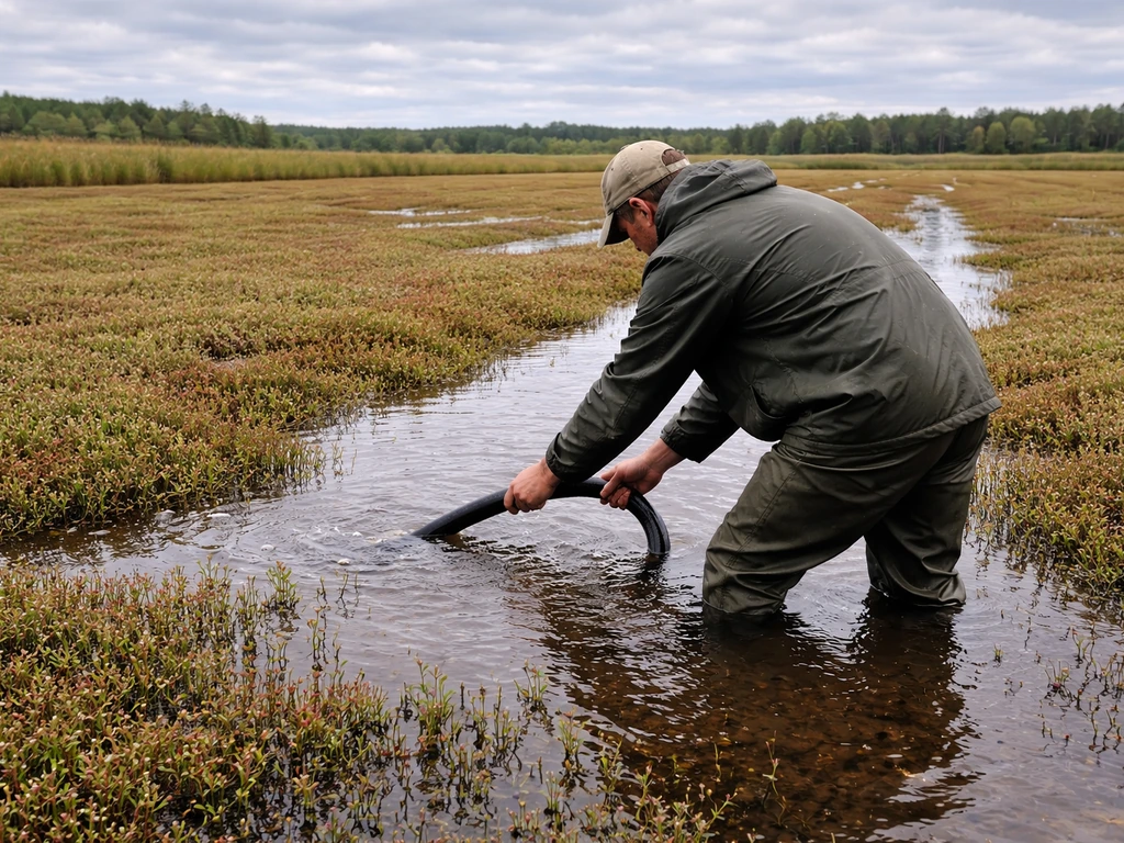 Field worker in a Michigan cranberry bog with water and vines, suggesting expert guidance for cranberry growing.