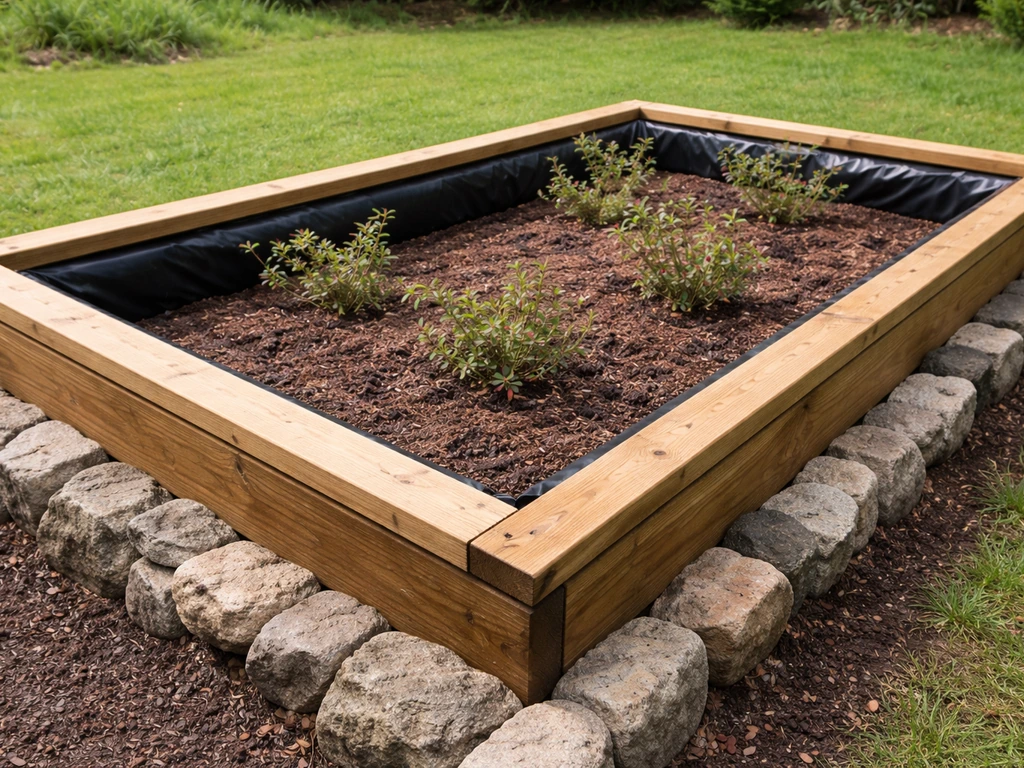 Raised cranberry bog bed with rot-resistant lumber/stone border and visible pond liner layers.