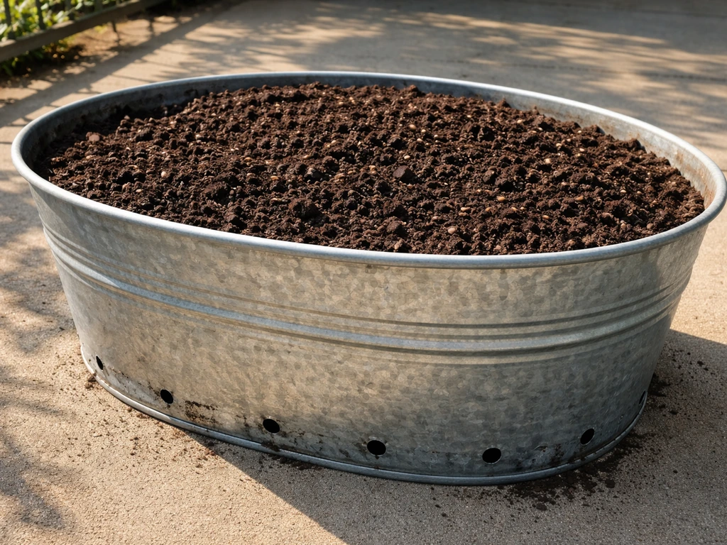 Half-barrel tub filled with peat-heavy acidic potting mix and visible drainage holes for growing cranberries