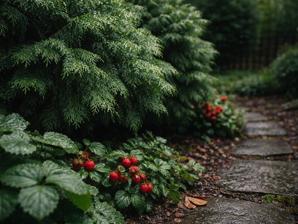 Damp Pacific Northwest garden with lush evergreen shrubs and a small berry patch in soft rain