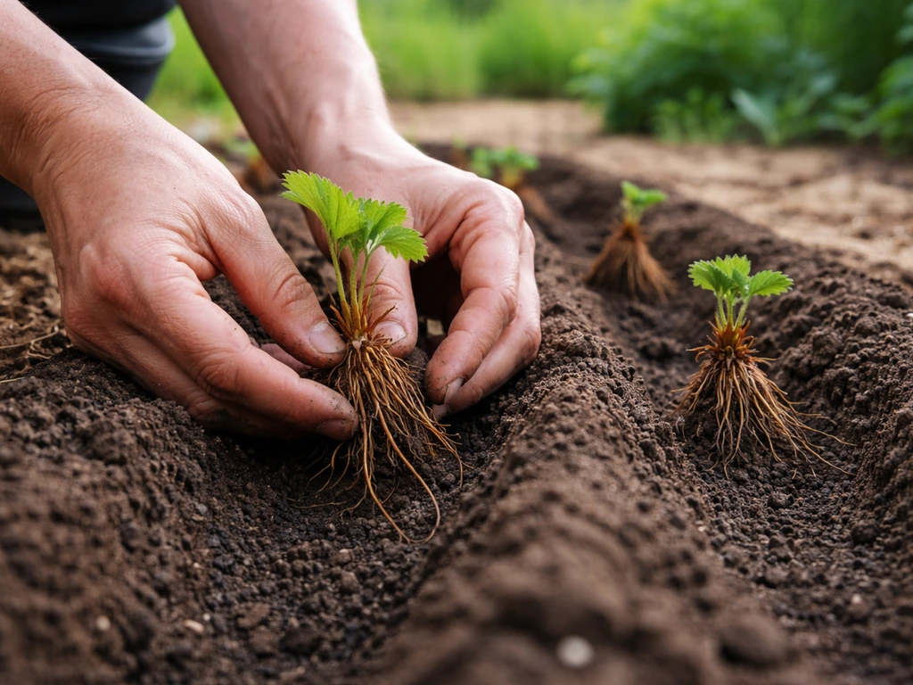 Hands planting dormant bare-root strawberry crowns in dark soil, with small green shoots emerging.