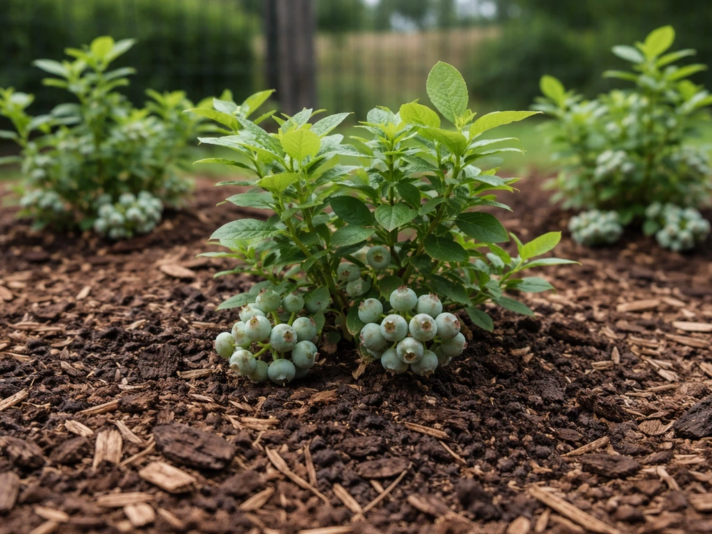 Healthy blueberry plants in a mulched, acidic-soil garden bed with green berries growing