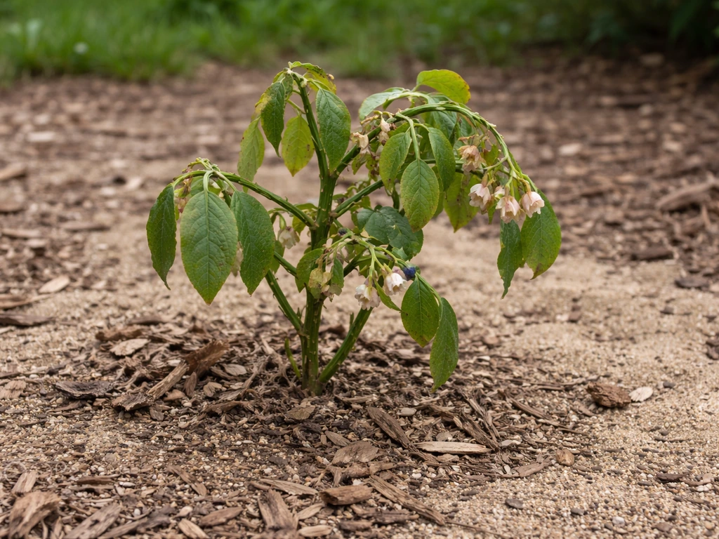 Close-up of a blueberry plant in a garden bed showing poor fruit set and faded flowers.