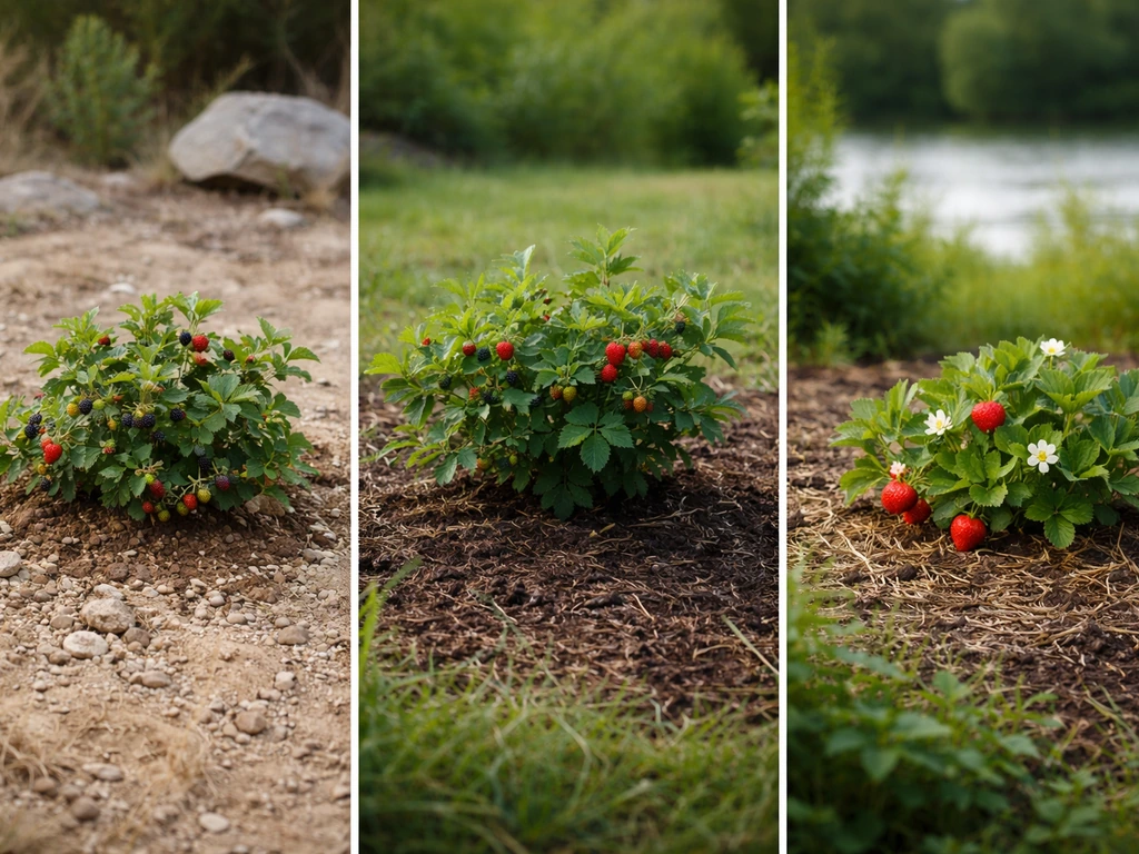 Three small berry plantings in a minimal Texas region landscape for North, Central, and South Texas.