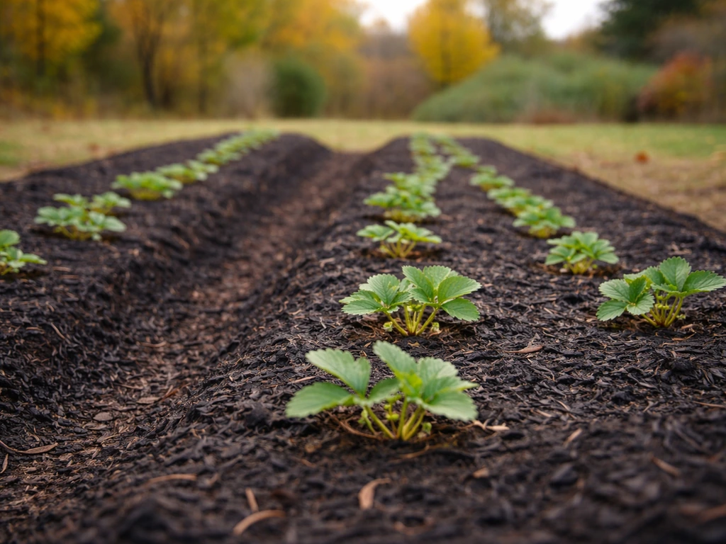 Raised strawberry bed with mulch and young transplants in a Texas garden during fall planting.