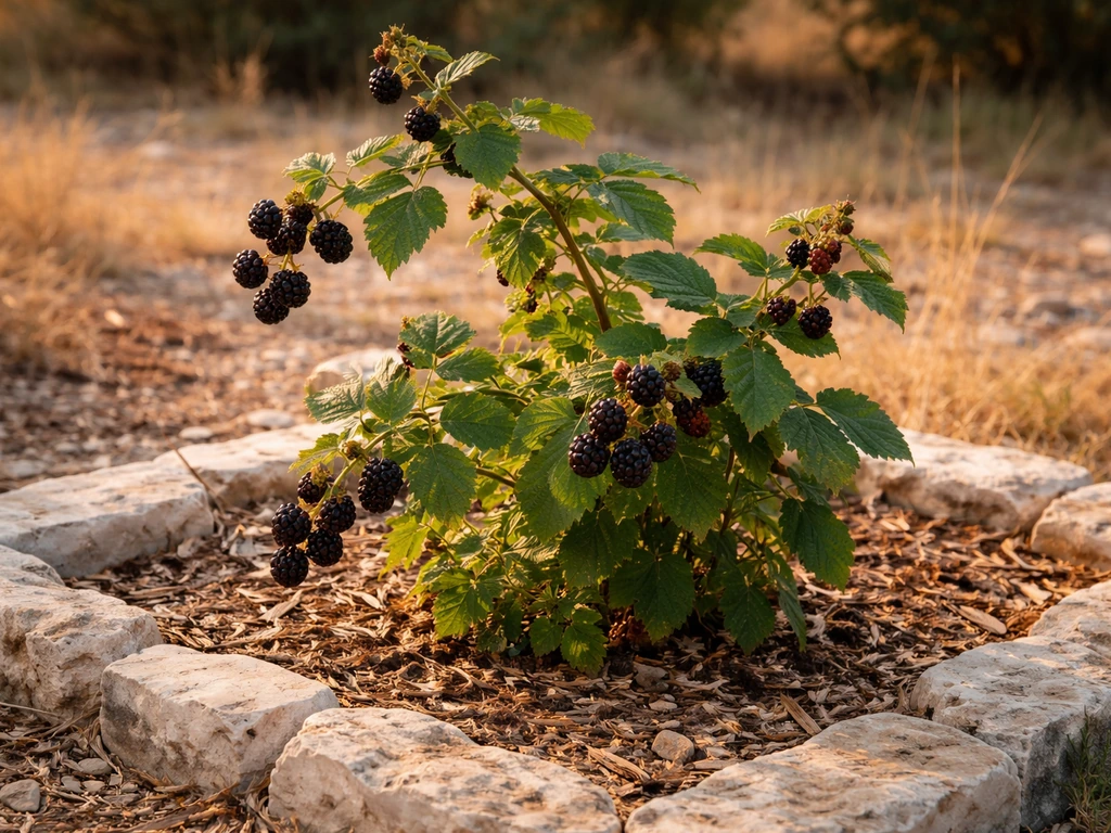Blackberry canes with berries growing in a rocky, alkaline-looking Hill Country garden bed