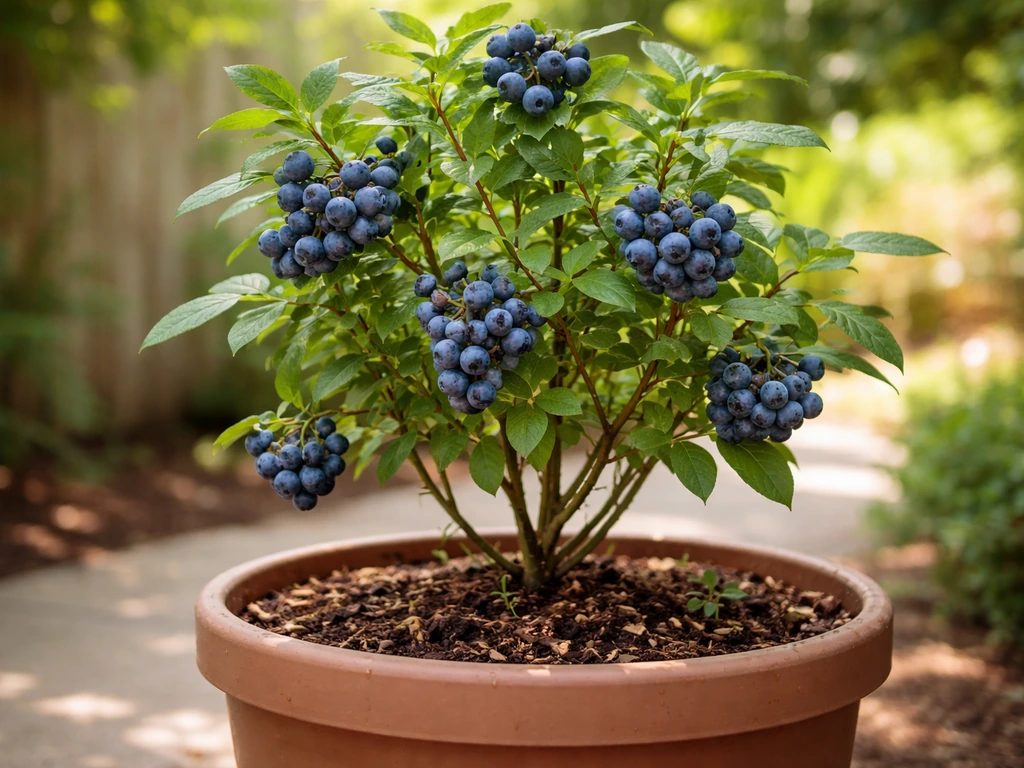 Ripe rabbiteye blueberries on a container plant in a warm Houston-like garden setting.