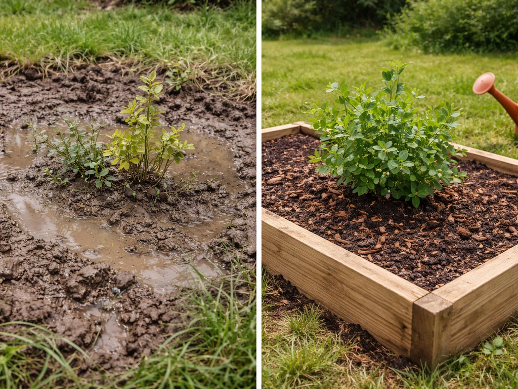 Split comparison of stressed blueberry in waterlogged clay versus healthy blueberry in raised peat-and-pine-bark mix.