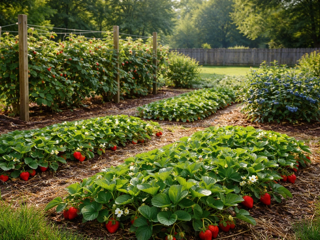 Vibrant Midwest backyard berry garden in Ohio with strawberries, raspberries on a trellis, and blueberry shrubs.
