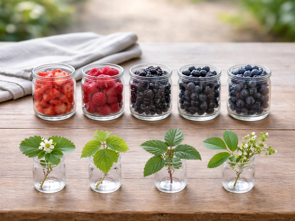 Minimal wooden table display of unlabeled jars and berry sprigs showing Ohio-friendly berries.