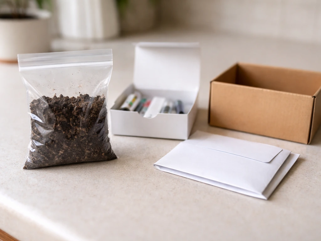 Close-up of soil sample bag and unbranded soil test kit/box for pH testing before planting berries.