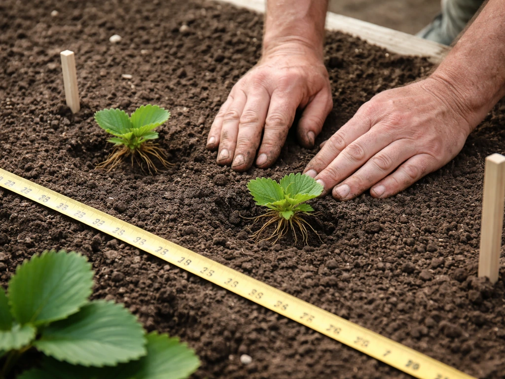 Gardener’s hands placing strawberry crowns level with soil while a measuring tape shows spacing in a raised bed.