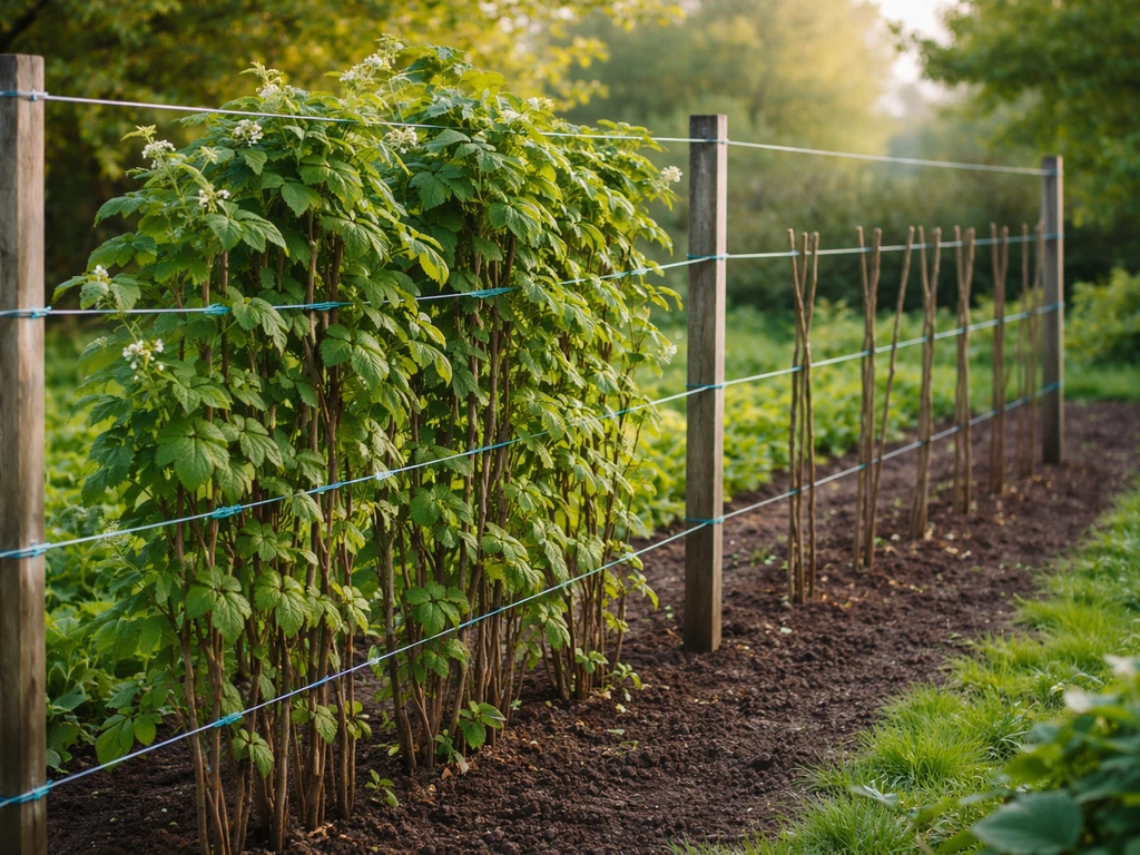 Pruned raspberry canes trained on a simple garden trellis with thinner, cleared space between rows.