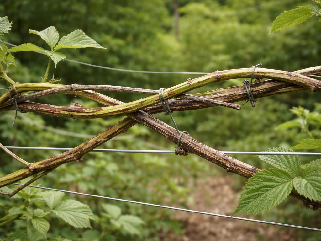 Close-up of raspberry and blackberry canes trained on a wire trellis, showing new and fruiting growth.