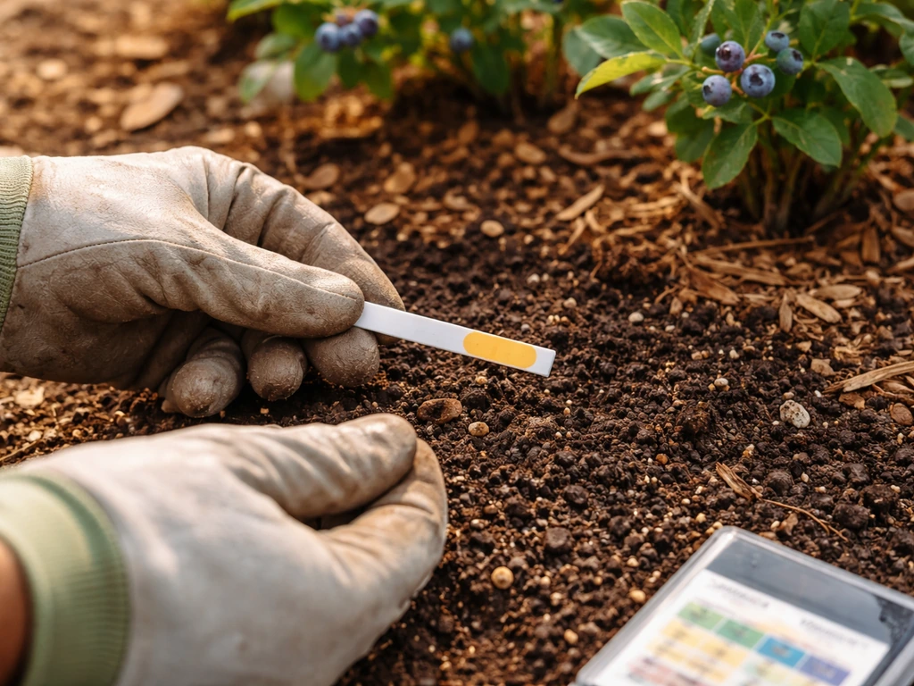 Hands testing soil pH beside blueberry bushes with soil amendments and test strips