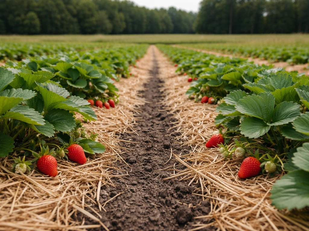 Ground-level view of a mulched strawberry row with crowns, runners, and fresh leaves in a rural field.