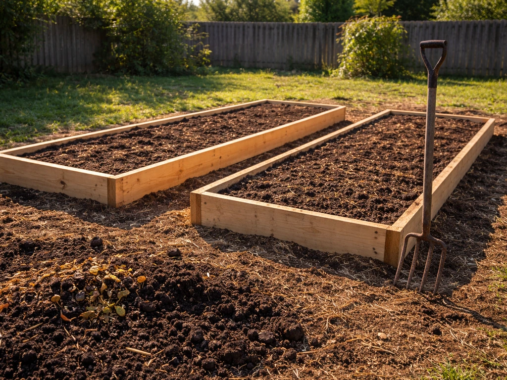 Raised berry garden beds with soil amendments and sunlight-oriented layout in a simple backyard.