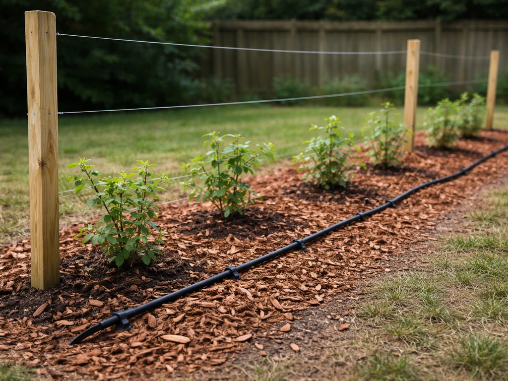 Drip irrigation line beside mulched bramble bed with two-wire trellis posts visible