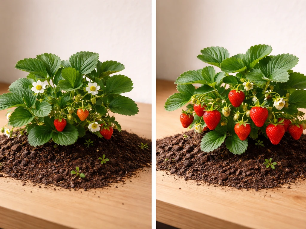 Strawberry bush in a simple indoor setting showing fresh growth and near-harvest regrowth