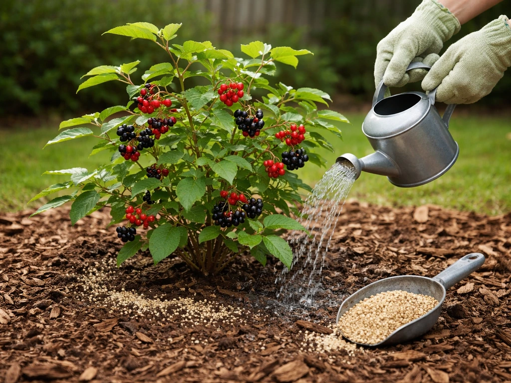 Gloved hands watering and applying fertilizer at the base of a berry bush in a simple garden bed.