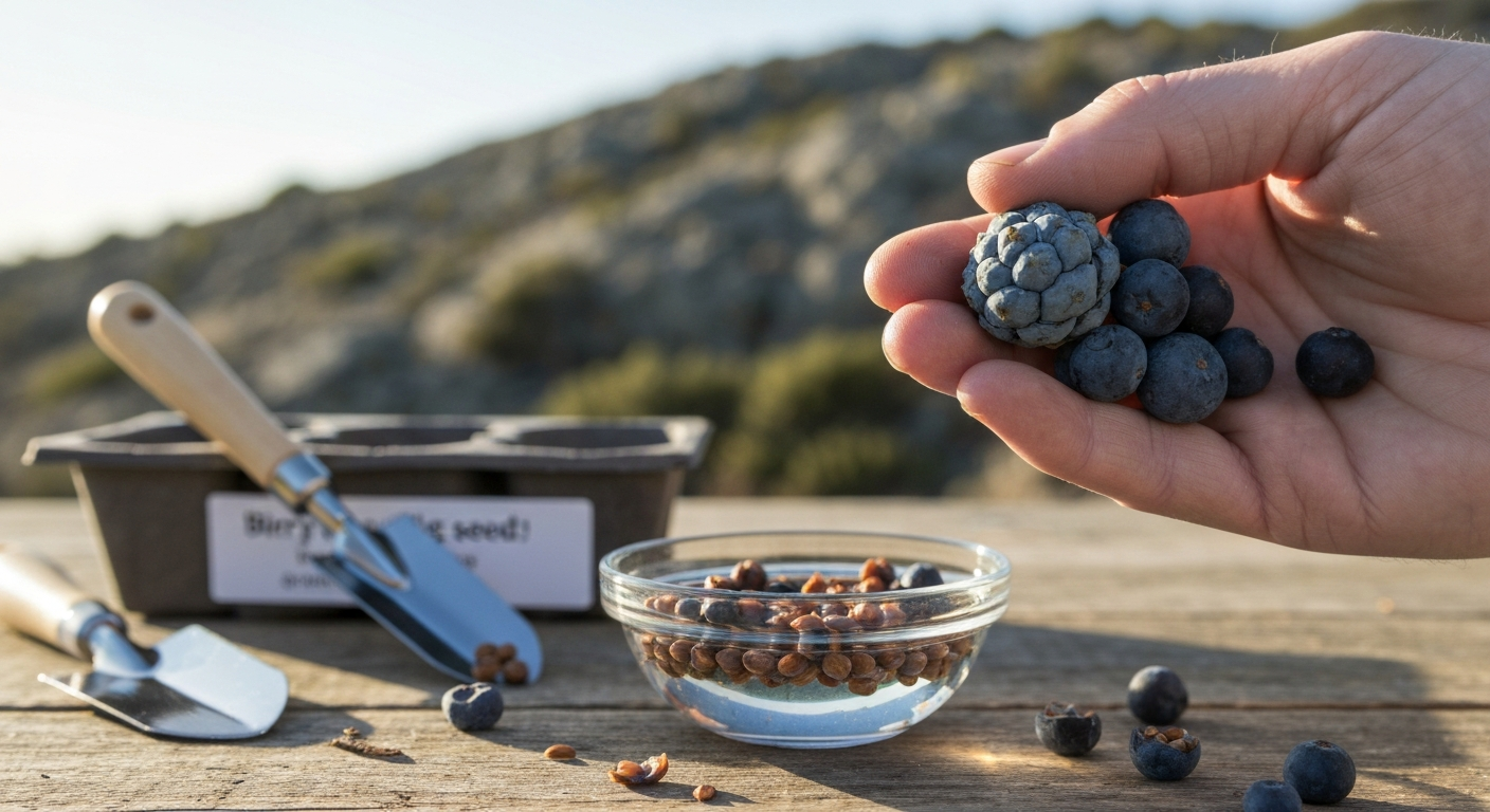 Hand holding ripe blue-black juniper berries with crushed berries and a seed-starting tray in the background