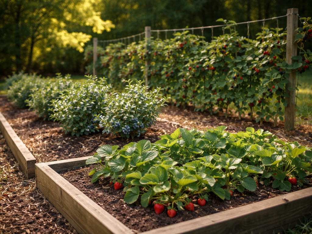 Sunlit North Carolina garden bed with blackberries on a trellis, blueberry bushes, and strawberry plants