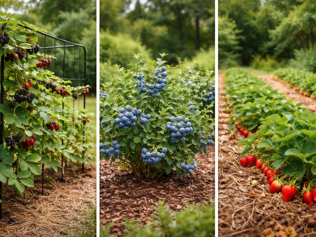 Side-by-side view of blackberry trellis canes, blueberry bushes, and strawberry plants with ripe fruit.