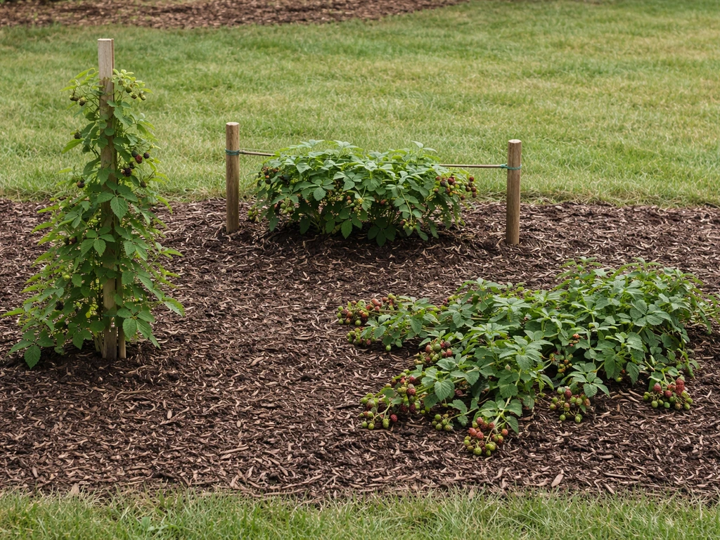 Three blackberry plants in one garden bed showing erect, semi-trailing, and trailing training styles.