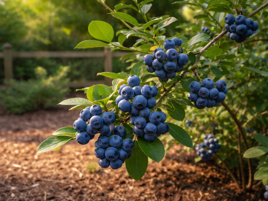 Rabbiteye blueberry bush loaded with ripe clusters in a tidy NC backyard orchard setting