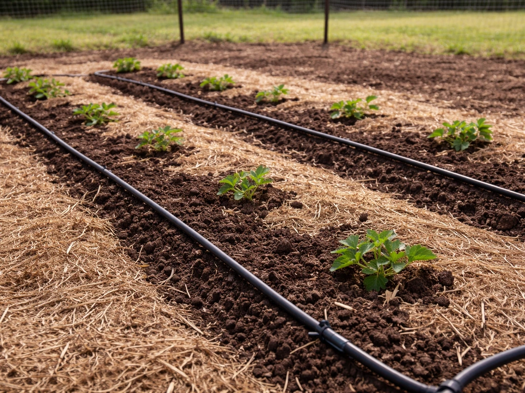 Sunny berry bed with amended soil, mulch, and drip irrigation tubing ready for strawberries or blueberries