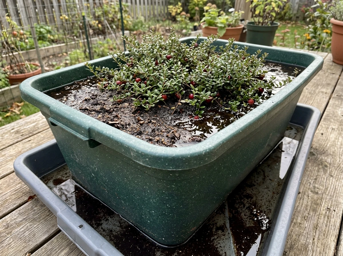 Mini cranberry bog in a container with water tray