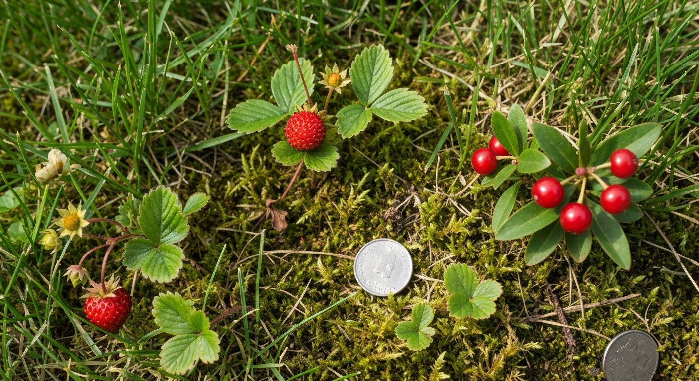 Close-up of various small red berries (wild and mock strawberry, wintergreen) in grass with a coin for scale