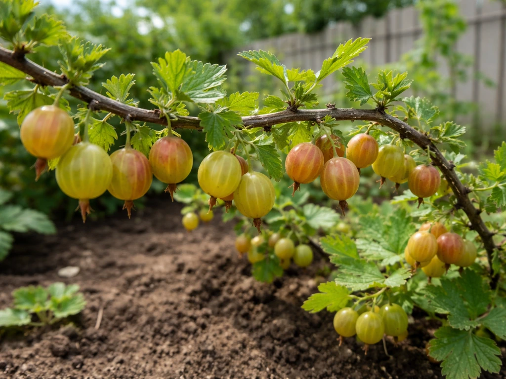 Gooseberry shrub with thorny branches and dangling berry clusters in a backyard garden, not a tree.