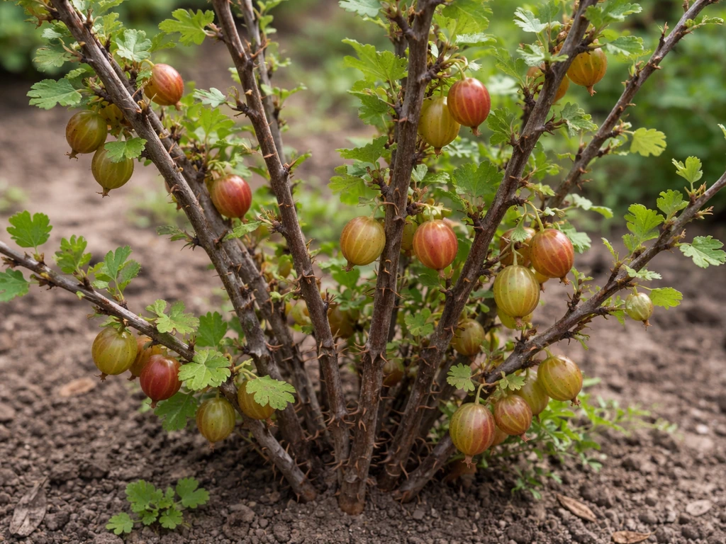 Close-up of a thorny gooseberry shrub with woody canes and small berry clusters in natural light