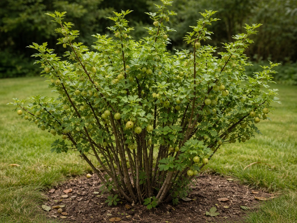 Mature gooseberry bush in a home yard, showing spreading canes and clusters where berries form.