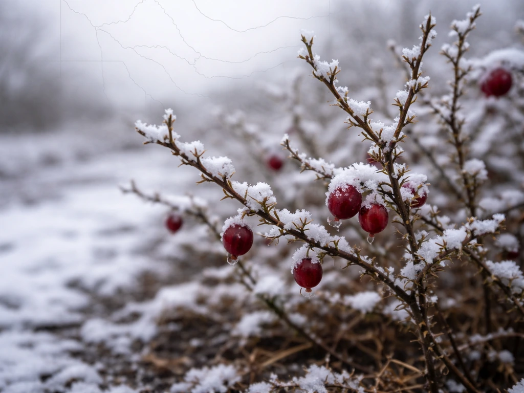 Cold-hardy gooseberry bushes outdoors under late-winter snow with a subtle zone-like map overlay.