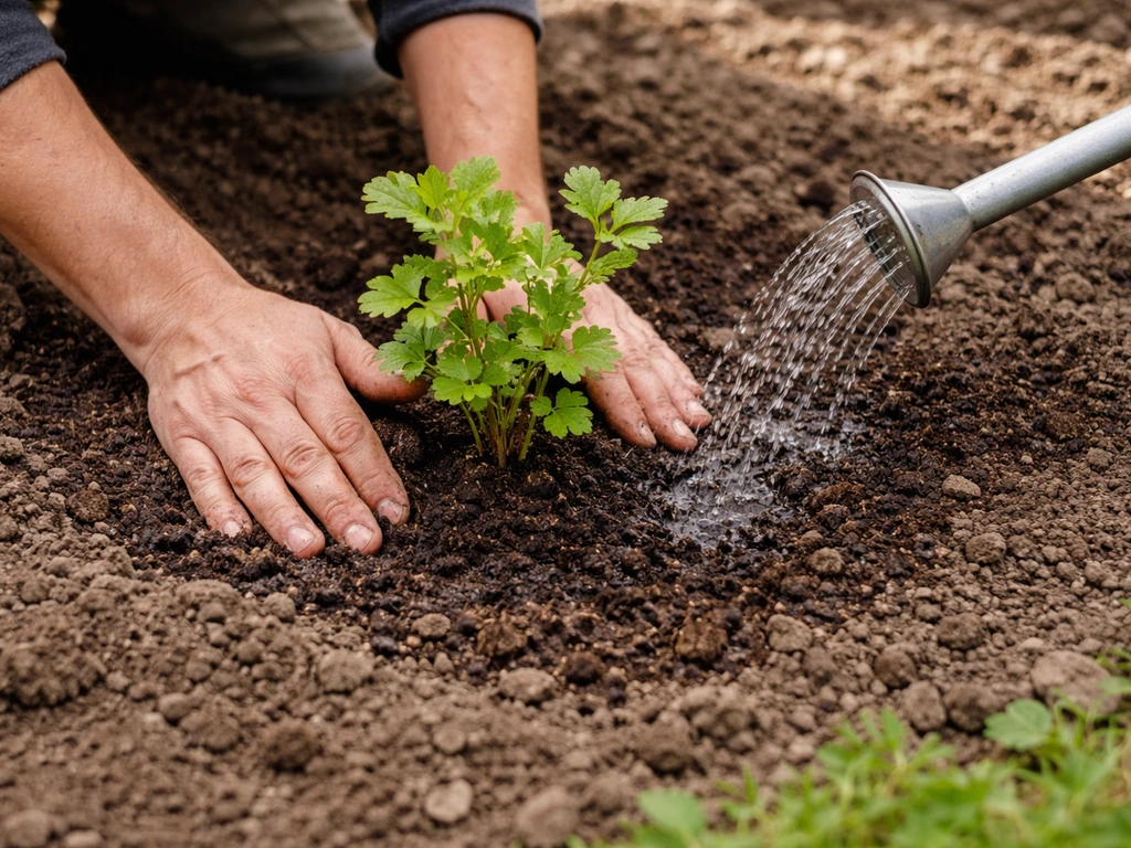 Hand planting a gooseberry bush in loosened garden soil with compost and watering nearby