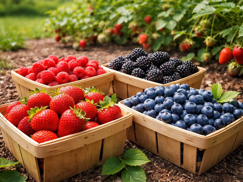 Fresh strawberries, raspberries, blackberries, and blueberries harvested in wooden baskets from a garden row.