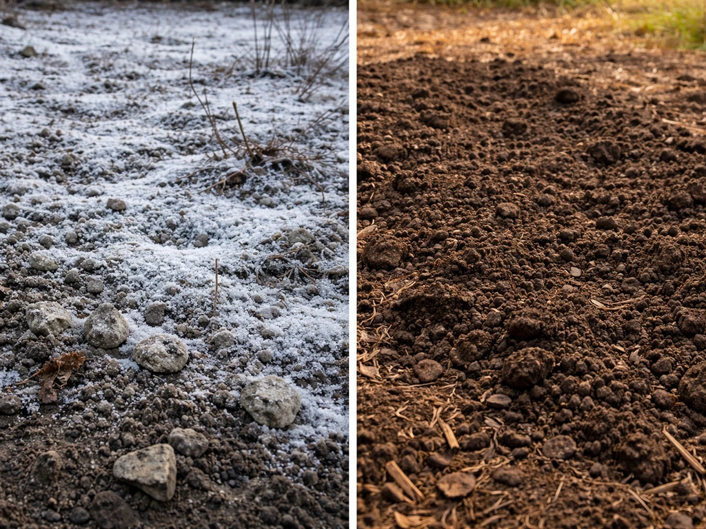 Split scene of northern Illinois snow-dusted garden bed and southern milder soil with planting preparations