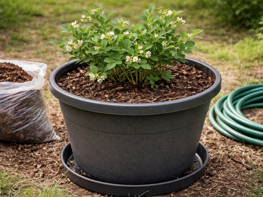 Large pot with peat-like acidic mix and blueberry plants on soil with a drainage saucer underneath.