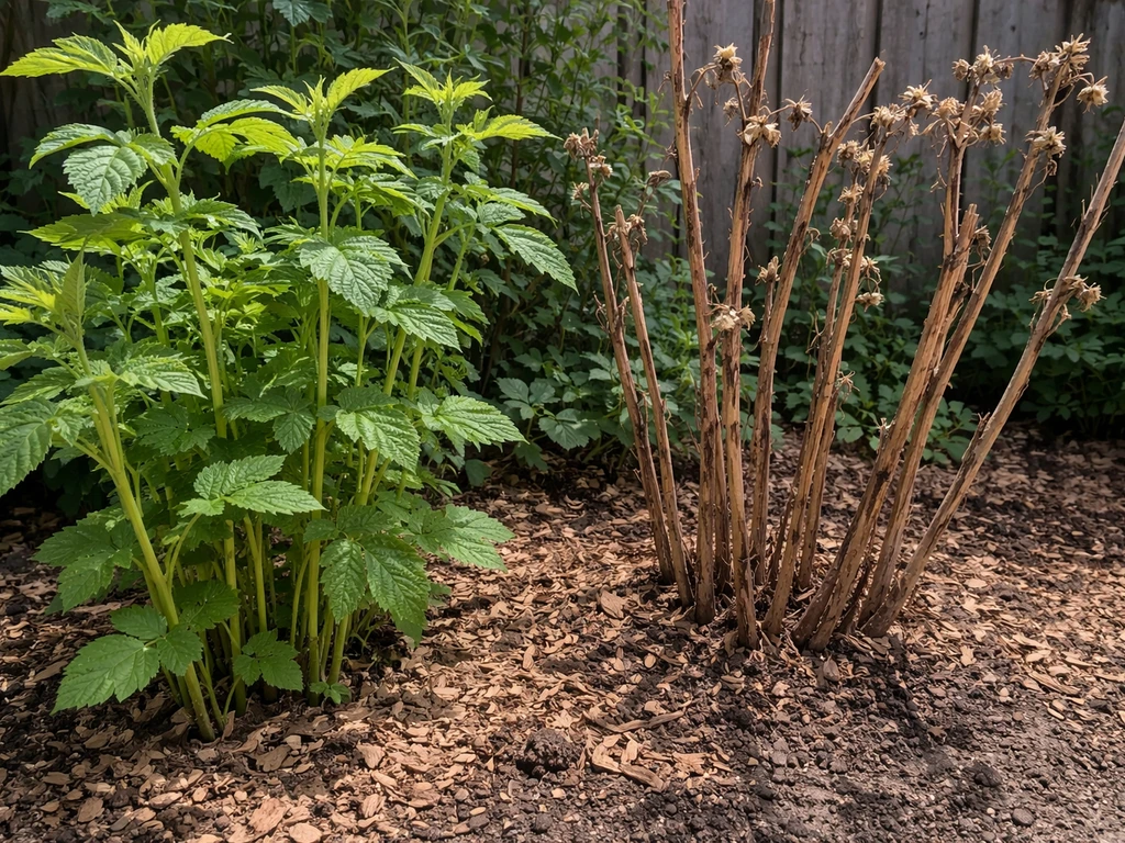 Close-up of raspberry canes showing new green primocanes and older floricanes with prior bloom remnants.