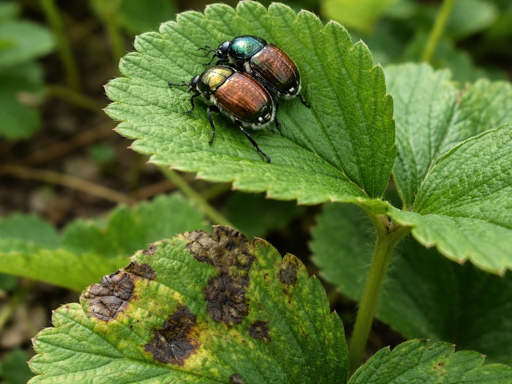 Japanese beetles on a strawberry leaf beside a strawberry leaf showing dark spotting from disease.
