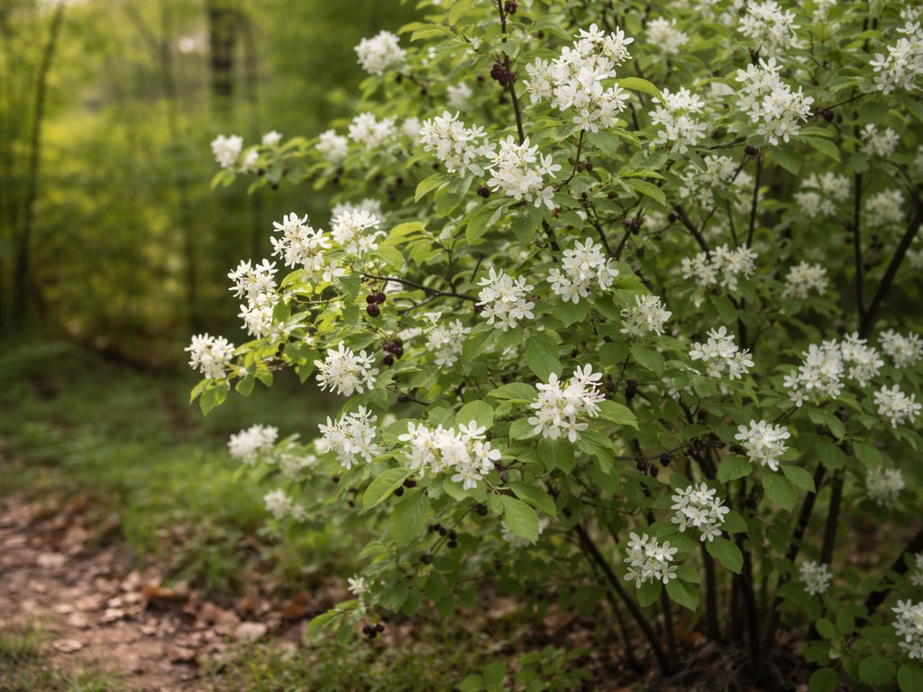 Lush serviceberry tree with white blossoms and ripe berries in a sunlit outdoor setting.